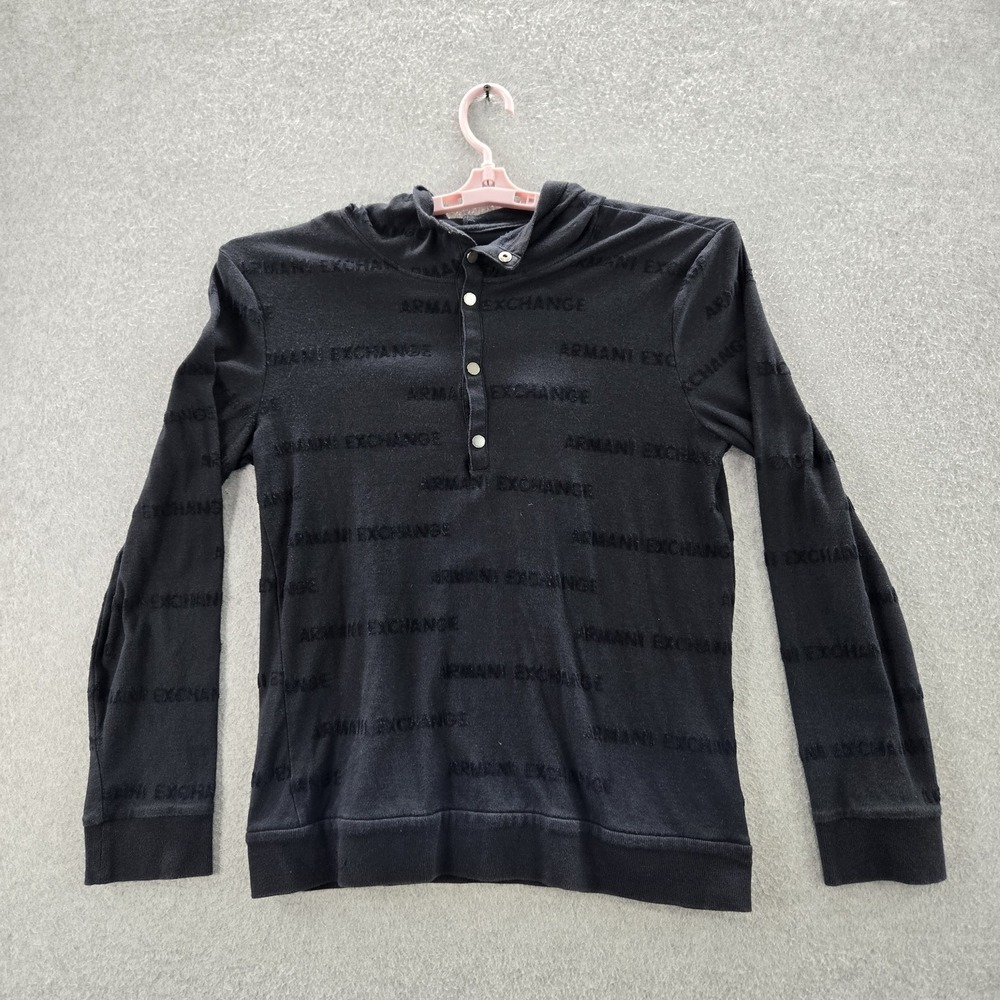 Armani Exchange Men‎ Sweatshirt L Black Graphic Print Snap Button Long Sleeve